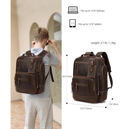 LANNSYNE Vintage Genuine Leather Backpack for men, 15.6 Laptop Backpack Travel Camping 24L Rucksack