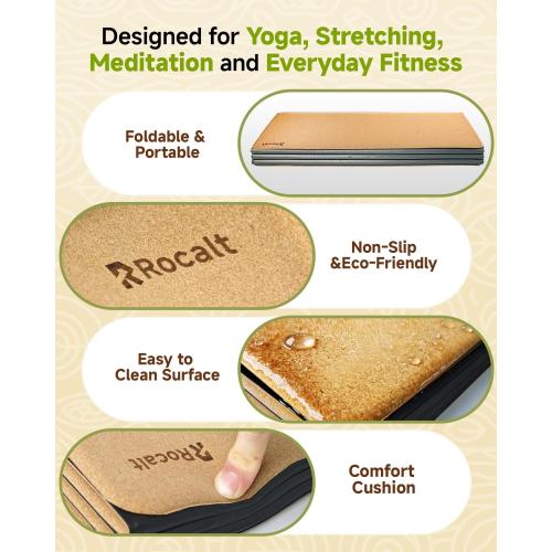 Rocalt Foldable Cork Yoga Mat, Non Slip Travel Pilates Workout Mat | 69 x 24 x 0.25 in, accordion-fold design, POE backing, carry strap for yoga, stretching and travel