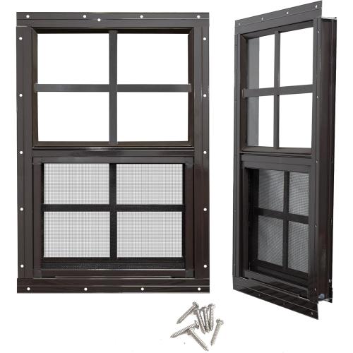 NeatiEase 2 Pack Shed Window with Black Frame, 24x36 Flush Mount Small Window with Tempered Glass and Fiberglass Screen for Shed, Chicken Coop, Playhouse, Household, Garage (Brown)