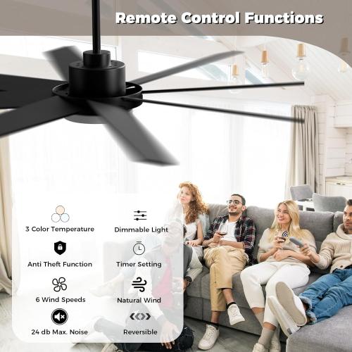 Black 72 Inch Ceiling Fans with Lights and Remote, Outdoor Indoor Black LED Big Ceiling Fan Reversible 24db Quiet DC Motor, 6 Speed 3CCT Dimiable, Modern Ceiling Fans for Patios Living Room Farmhouse Garage