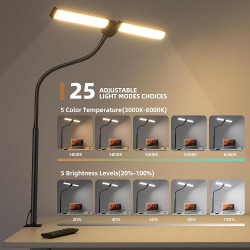 Motumen Led Desk Lamp for Home Office, Eye-Care Desk Light Clamp, Black | Smart Double Head Computer Monitor Table Clip Lamp, Adjustable Flexible Goose-Neck, 25 Lighting Models, Task Lamp