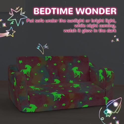 Elevon Wider Seating Toddler Couch, 2-in-1 Sofa Soft Chair for Boys Girls, Flip Open Convertible Sleeper for Playroom, Glowing Rainbow