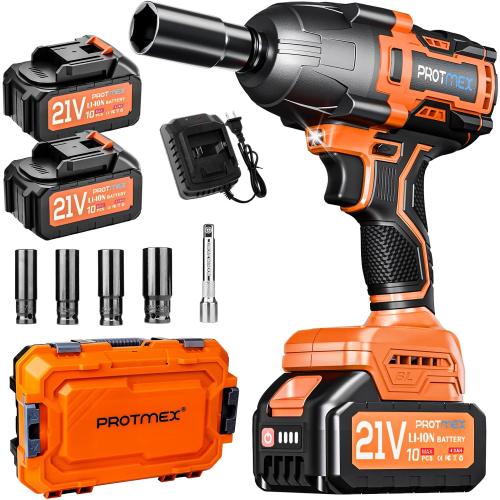 Protmex Cordless Impact Wrench, 900Ft-lbs (1200N.m) 1/2 Brushless Impact Gun, 21V High Torque Power Impact Driver, 2x4.0Ah Batteries Electric Impact Motor Variable Speeds for Car/Pickup Truck/Mower