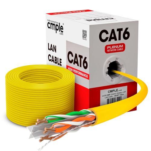 YELLOW Cmple - Cat6 Plenum Ethernet Cable 1000ft, Cat 6 Cable (CMP) 550MHz Unshielded Twisted Pair (UTP) 10 Gigabit Solid Network Cable, Bulk Ethernet Cable - Yellow