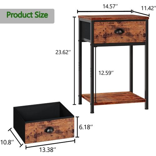 Furologee Nightstands Set of 2, Night Stand with Fabric Drawer and Storage Shelf, Retro Bedside Sofa Tables for Small Place, End Side Tables Living Room Bedroom, Rustic Brown
