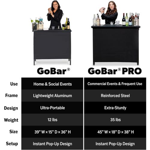 GoBar Portable Bar Table for Events - Black, or LED - Pop Up Mobile Bartending Station with Travel Carrying Case