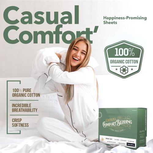 TEXAS LINEN CO. 100% Organic Cotton Percale Sheets Full Size - White, 4 Piece Set, Soft & Crisp, Cooling, 16 Deep Pocket Hotel Sheets