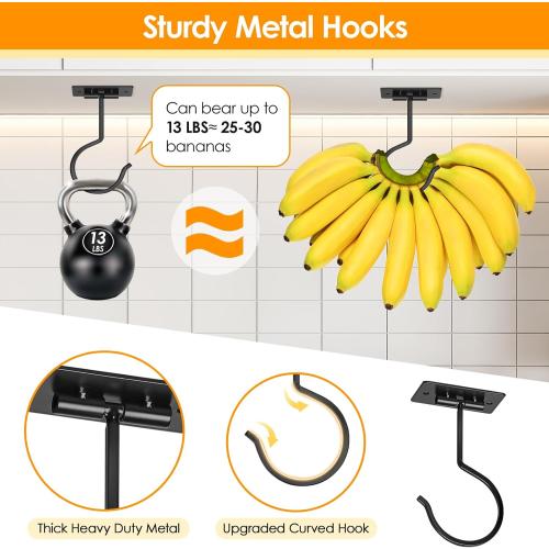 Self Adhesive Banana Hook Under Cabinet Foldable Banana Hanger | Black Metal Under Counter Banana Hook Holder to Keep Bananas Fresh Banana Holder for Kitchen RV Space Saving
