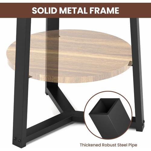 BLACK AND WOODEN COLORED PPAMAPIC Round End Table, 2 Tier Side Table with Storage Shelf, Nightstand Accent Table for Living Room Bedroom Small Space, Black Metal Frame, 19.7 D x 23.6 H, Rustic Brown
