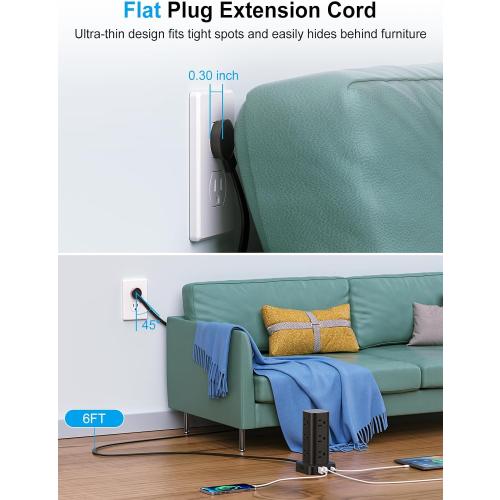 Power Strip Tower with Multiple Outlets, Flat Plug Surge Protector Tower Extension Cord with 12 AC Outlets 4 USB Ports (2 USB C), 6FT Cord Power Tower Surge Protector for Home Office Dorm Room, Black