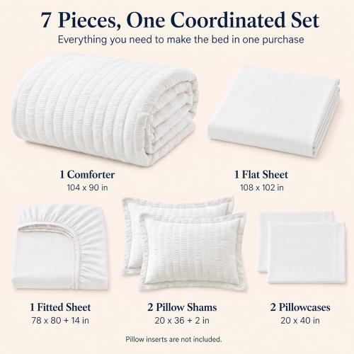 CozyLux King Size Comforter Set, 7 Pieces White Seersucker Bed in a Bag
