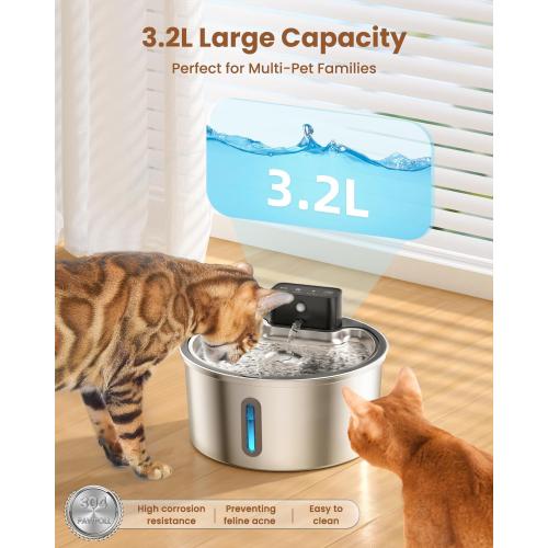 PawPoll Wireless Cat Water Fountain Stainless Steel - 3.2L/108oz Cordless Pet Water Fountain Battery Operated Cat Water Dispenser Ultra Silent Rechargeable Water Fountains for Cats and Dogs