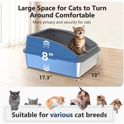 Stainless Steel Litter Box, Metal Kitty Litter Box with Scoop, Anti-Leakage Top Entry, Non-Sticky, Easy to Clean