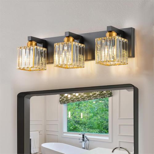 Black Gold Crystal Bathroom Vanity Light 3-Lights Modern Bathroom Lighting Fixtures Over Mirror, Wall Light Fixtures