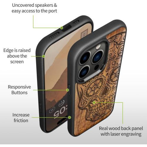 Carveit Magnetic Wooden Case for iPhone 15 Pro Case, Compatible with MagSafe Wireless Chargers, Black Soft TPU Shockproof Cover & Wood Artisan Engraved (Sugar Skull) - Walnut