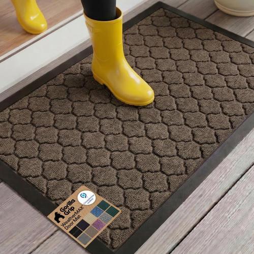 GORILLA GRIP 100% Waterproof All-Season WeatherMAX Doormat 35x23, US Designed Natural Rubber, Stain and Fade Resistant, Low Profile Indoor Outdoor Door Mats, Easy Clean Patio Mat, Latte Quatrefoil