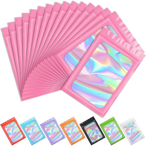 Funfery 100 pcs Pink Mylar Holographic Bags Packaging Bags,Clear Seal Resealable Smell Proof Bag Foil Pouch Bag for Food Storage and Lipgloss,Jewelry,Eyelash Packaging for Small Business(3x4.7In)