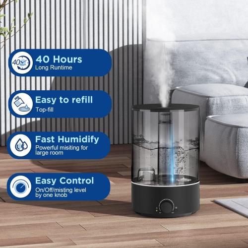 Acare Humidifier for Bedroom Large Room, 5L Top Fill Cool Mist Humidifier for Baby Home Plant, Air Ultrasonic Humidifiers for Whole House, 40H Work Time (Black)