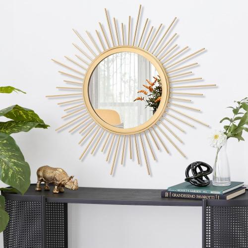 Large Gold Spoked Sunburst Wall Mirror Boho Home Decor Round Wall Art Mirror Modern Metal Mirrors for Wall Living Room Vanity Bathroom Bedroom Hallway Balcony Entryway 20