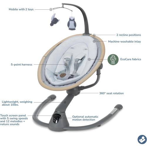 Maxi-Cosi Cassia Smart Baby Swing for Infants, Portable, Foldable Infant Swing with Music, 360 Rotation, 5 Speeds, 12 Melodies, EcoCare Fabric, Auto Motion Sensor, 2 Reclines, Classic Slate MAY HAVE MISSING ACCESSORIES PIECES
