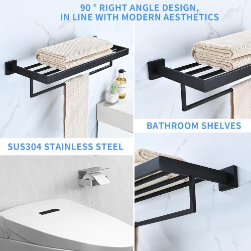 Black Towel Rack 24'' Bath Towel Shelf with Towel Bars SUS304 Matte Black Stainless Steel Wall Mounted，Modern Bathroom Storage Shelf
