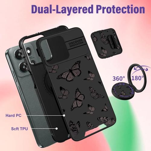 for Moto G 5G 2025 Case - Women Girls Cute Phone Cover Girly Pretty Aesthetic Black Butterfly Unique Design with Camera Cover and Ring Stand Funda for Motorola G 5G 2025