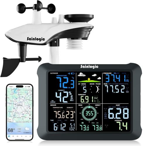Sainlogic WiFi Smart Weather Station SA9 with 24H/ 7Days Accurate Weather Forecast by Weatherseed® AI, 8.5 Large Display,UV,Sun Light,Rain Gauge,Wind Gauge,2-Year Data Storage & Export(Only 2.4G)