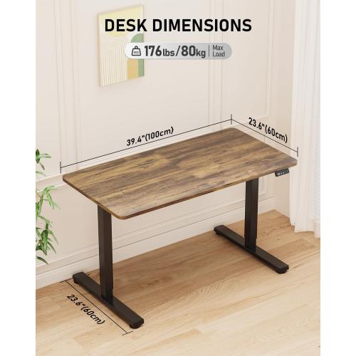 40 Electric Standing Desk Adjustable Height, Sit Stand up Desk for Home Office & Computer Workstation, 2 Memory Height Settings, Splice Board, 2 Hooks, Black Frame/Rustic Brown Top