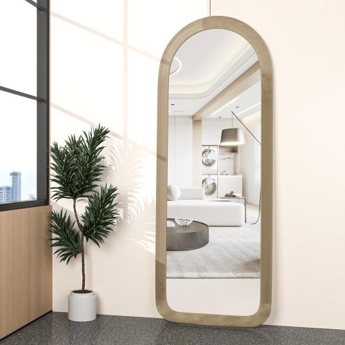 Full Length Mirror 56x20 Arch Floor Mirror with Stand Arched Full Body Mirror Standing Hanging or Leaning Against Wall for Bedroom Flannel Wrapped Wooden Frame Milk Tea