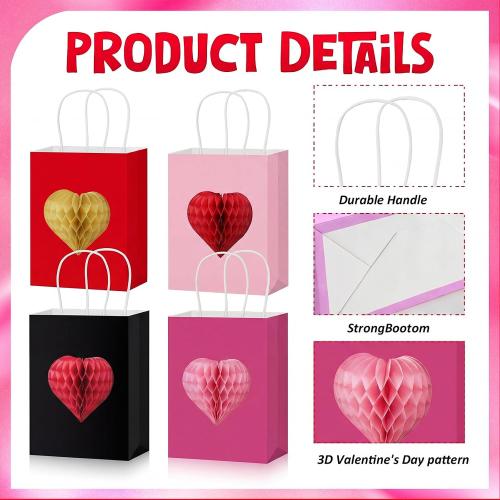 Eaasty 12 Pcs Valentine's Day Gift Bags with 3D Heart Honeycomb Large Galentines Gift Bag with Handle Colorful Kraft Paper Bags Heart Goodie Candy Tote for Valentines Wedding Party Favors Supplies