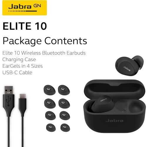 Matte Black Jabra Elite 10 True Wireless Bluetooth Earbuds – Advanced Active Noise Cancelling with Dolby Atmos Surround Sound, All-Day Comfort, Multipoint, Crystal-Clear Calls – Matte Black