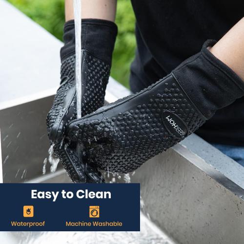 GEEKHOM BBQ Gloves X-Large, Heat Resistant Kitchen Silicone Oven Mitts, Waterproof Oven Gloves, BBQ Grill Accessories for Baking, Fryer, Smoker, Weber, Pizza, Microwave, Non-Slip, Black