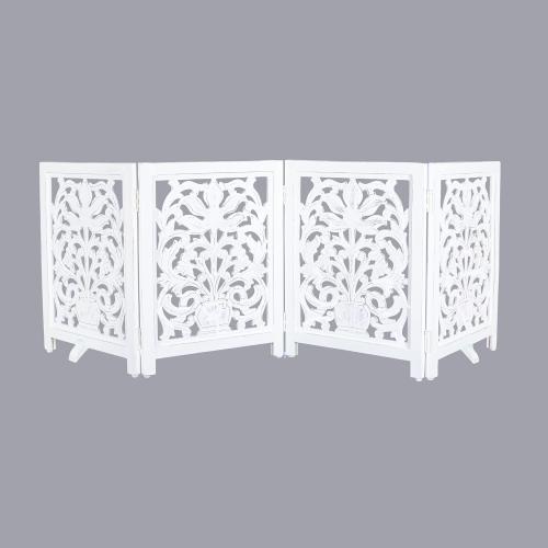 Goroly Home Foldable Carved Wooden Dog Gate with Stopper - Freestanding Indoor Pet Barrier for Home, Adjustable Dog Fence for Stairs, Doorways & Hallways - 24x18 Inch Antique White (4 Panels)