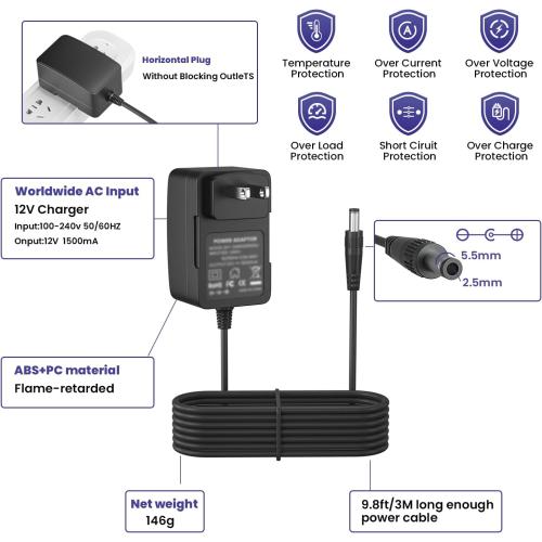 12V 1.5A Power Supply Charger Adapter for Yamaha PA130 PA150, Power Cord for Yamaha PSR, YPG, YPT, DGX, DD Series Keyboard - Only Compatible for Listed Models (9.8Ft Long Cord)