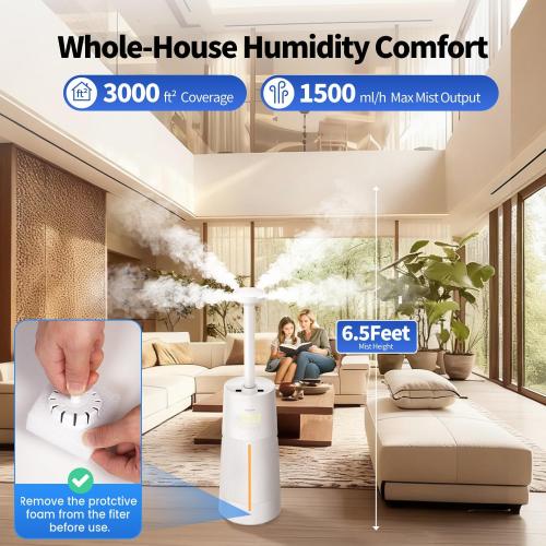 Humidifier for Large Room-6.3Gal Cool Mist, Top Fill,3000ft²,Beige | Commercial Humidifier with 4X Atomizers,1500mL/h Mist Output with Auto Mode,40H Runtime,Quiet Humidifiers for Bedroom & Plant