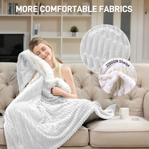 Electric Heated Blanket Throw, Heating Blanket Throw with Soft Flannel, 84* 90Inch Heated Throw Blanket with 10 Time Settings, 6 Heat Settings, and 8 hrs Timer Auto Shut Off (White)