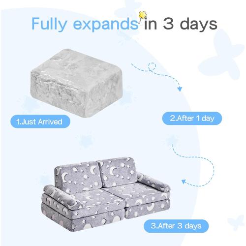 10 Pcs Color Grey  Modular Kids Play Couch,Toddler Couch Kids Sofa,Child Sectional Sofa,Bedroom and Playroom Furniture for Toddlers,Convertible Foam and Floor Cushion for Boys and Girls,Glow in The Dark,Star