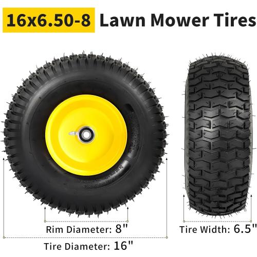 RONPOW 16x6.50-8 Tubeless Lawn Mower Tire and Wheel, [3/4 Bearing], Riding Lawn Mower and Tractor Front Tire Replacement Assembly, Compatible with john deere Mower, 3 Offset Hub, 2Pack Yellow
