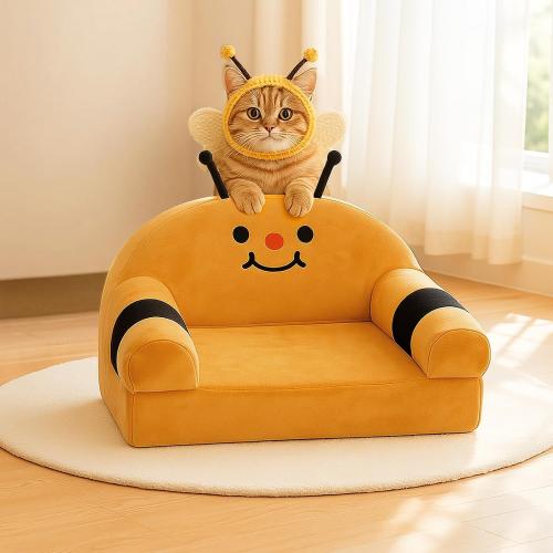 Cute Cat Couch with Soft Pillow, Supportive Dog Couch, Cat Sofa with Removable Cover，Cute Bee Shaped, 24 Inch