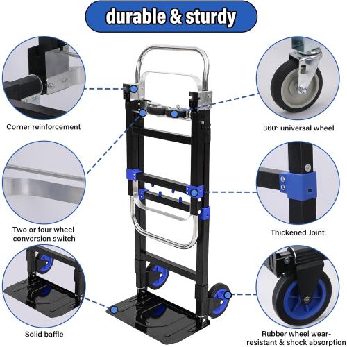 Upgraded 3 in 1 Folding Hand Truck, 600lbs Capacity, Heavy Duty Convertible Dolly with Retractable Handle and 4 Rubber Wheels, Collapsible Cart for Moving Home, Office, Warehouse (Blue)