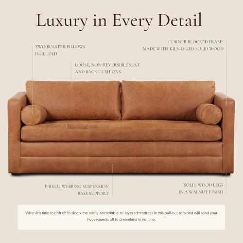POLY & BARK Napa 82 Leather Pull‑Out Sleeper Sofa – Full‑Grain Italian Leather Upholstery,Tri‑Layer Mattress & Storage Console –Sophisticated Multi‑Functional Sofa Bed for Living Rooms & Guest Spaces