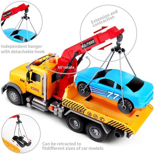 Dwi Dowellin Kids Toys for 3 4 5 6 7 Years Old Boys, 15 Large Tow Truck Toy,Friction Powered Transport Truck Crane Toy with Lights and Sounds,with Roadster,Toddlers Gifts