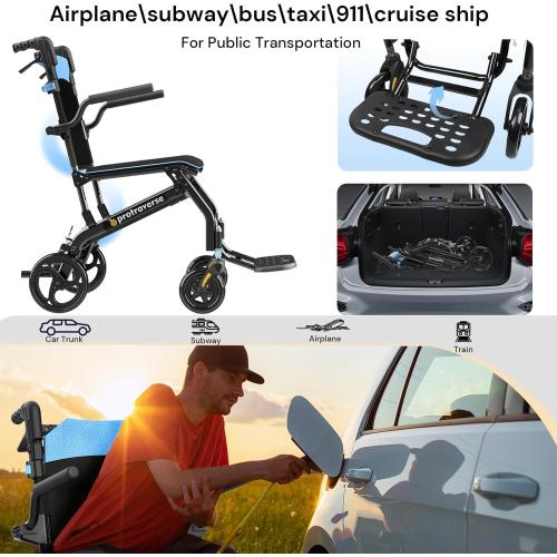 Wheelchairs for Adults,Utral-Lightweight(only 19.4lbs) Transport Chair, Foldable and PortableTravel Wheelchair with Telescopic Handle,Portable Folding Transfer Wheelchairs for Seniors(Blue)