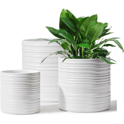 Ceramic Plant Pots, 6/8/10 Inch Ceramic Planter with Drainage Hole and Mesh Pad, White Outdoor Planter Pots with Stripes for Home Office Garden Patio, Set of 3