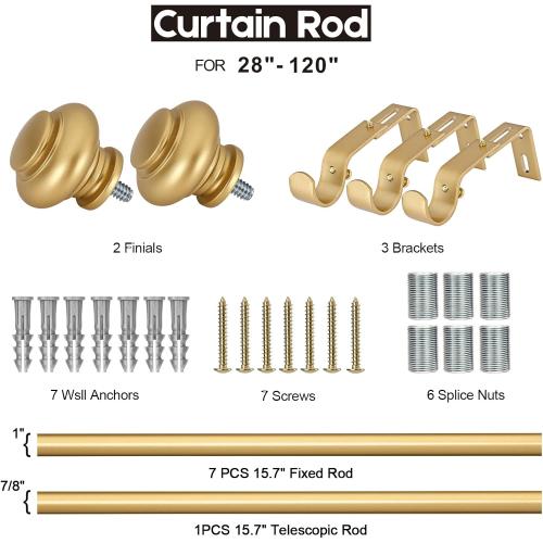 Gold Curtain Rods for Windows 66 to 120 Inches Adjustable Decorative 1 Inch Diameter Single Window Curtain Rod Set with Classic Finials, Gold Finishing