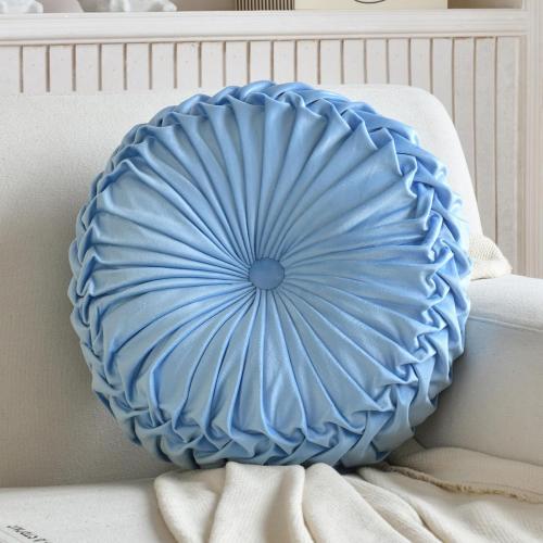 Round Throw Pillow Velvet Home Decoration Pleated Round Pillow Cushion for Couch Chair Bed Car Light Blue