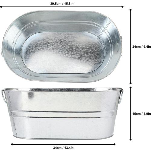 2 Pack Silvery Metal Ice Bucket with Handle, 3 Gallon Large Galvanized Bucket, Oval Beverage Tub, Wine Beer Drink Buckets, Drink Holder for Party, Cocktail Bar, Holiday, Party, Wedding