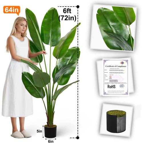 Aveyas 6ft Artificial Bird of Paradise Tree for Home Decor, 6 Feet Faux Floor Plant Fake Silk Banana Leaf Tropical Trees with Pot for Indoor Outdoor House Living Room (6 ft Tall)