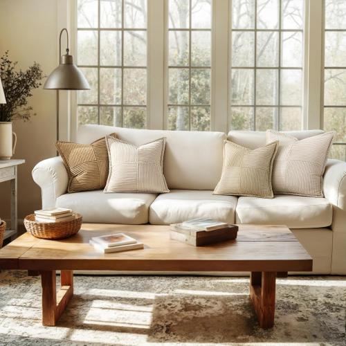 MIULEE Decorative Throw Pillow Covers for Couch Bed Livingroom 18x18 Inch Set of 2 Beige Boho Accent Throw Pllows Broadside Striped Patchwork Soft Corduroy Pillowcases