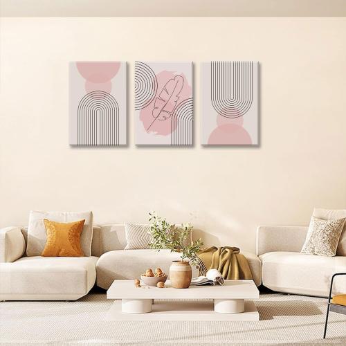 Fetyiu 3 Piece Boho Wall Art Pink Canvas Art Prints Mid-Century Modern Paintings Abstract Pictures Geometric Wall Decor Lines Artwork for Bedroom Office  Framed